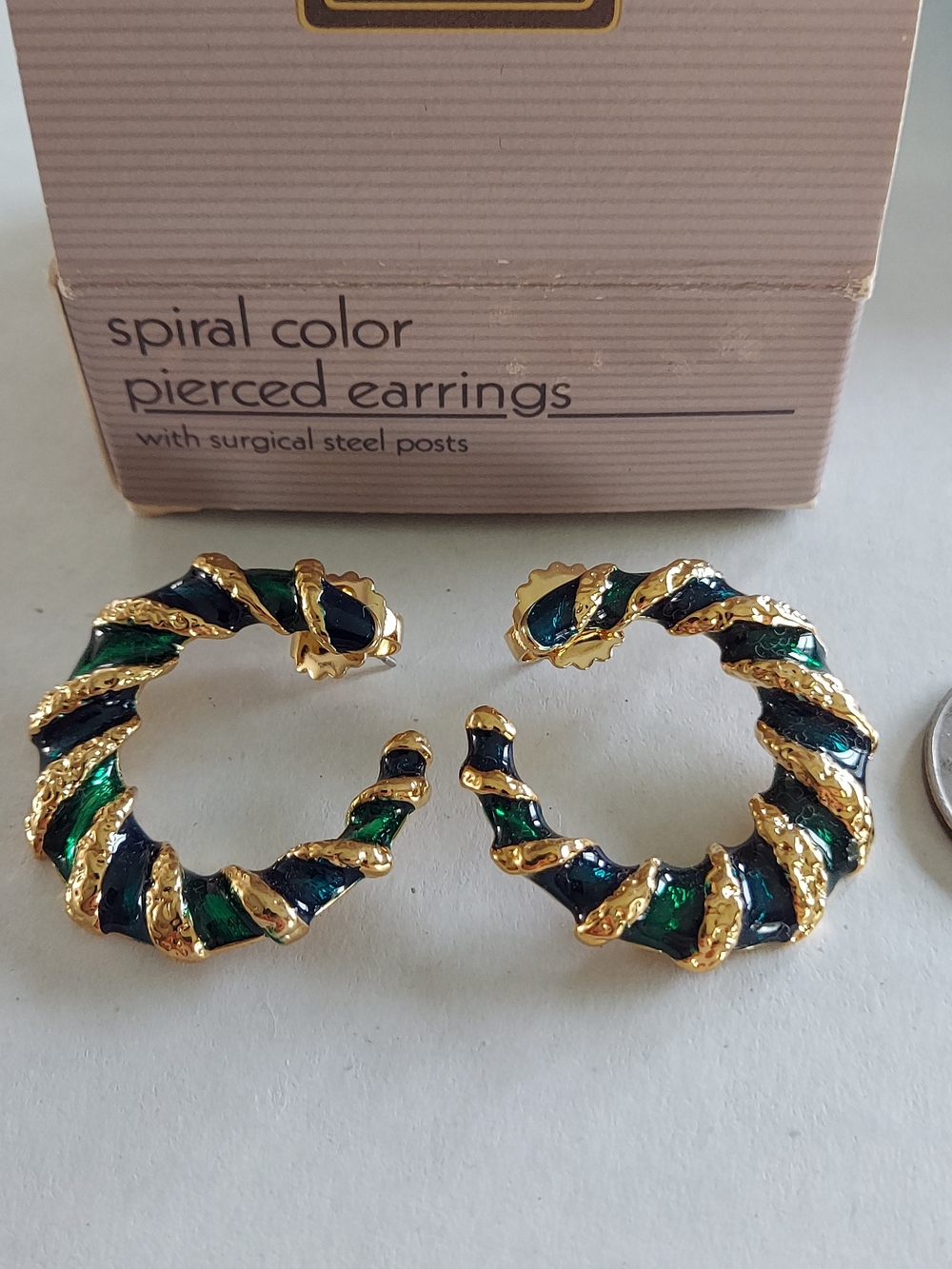 Vintage Avon Gold-Tone Spiral Hoop Earrings with Green and Black Enamel